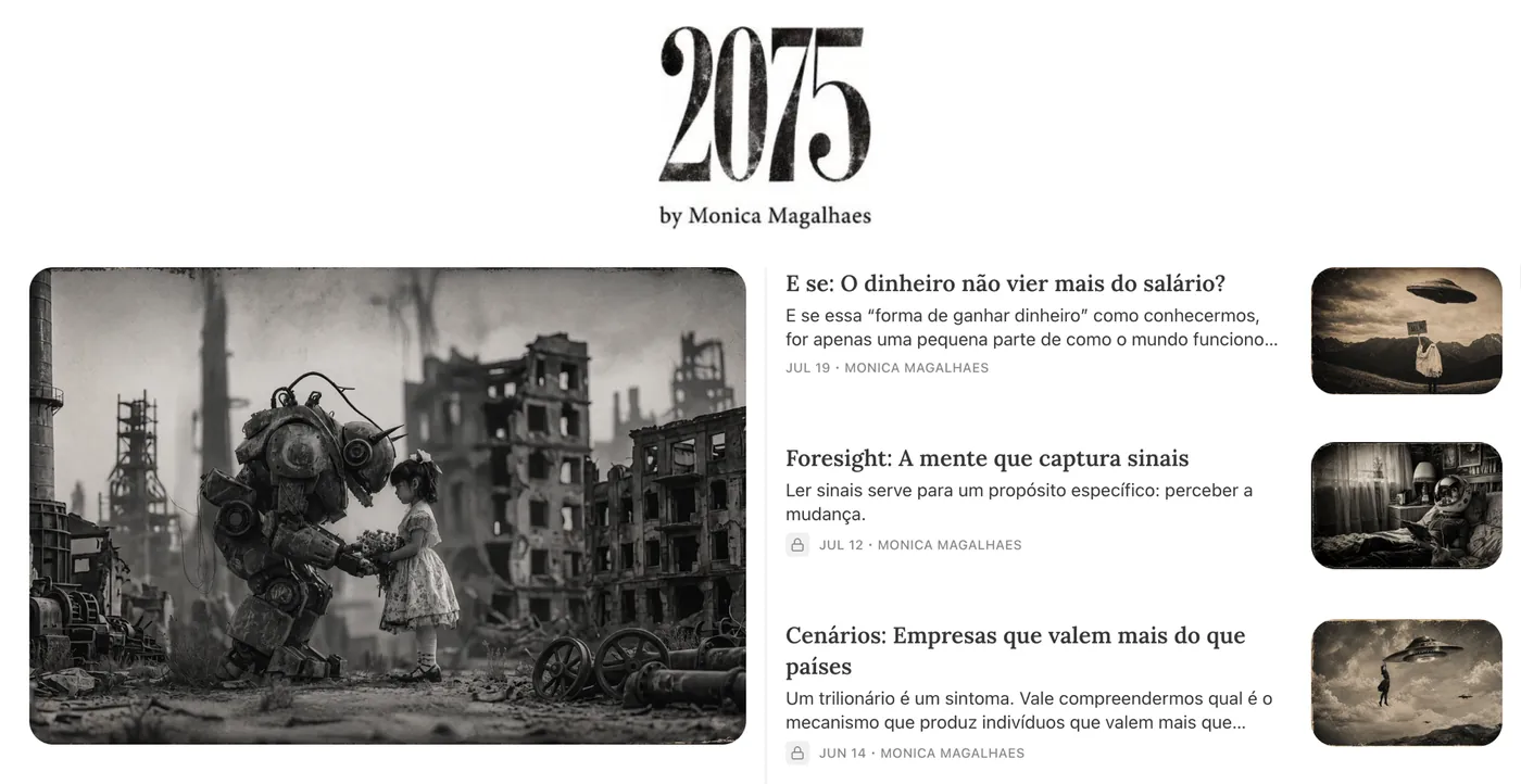 Página da newsletter 2075 no Substack, com o cabeçalho “2075 by Monica Magalhaes” e as edições recentes